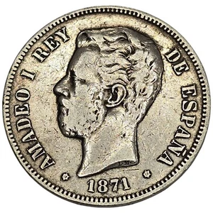 ESPAÑA. AMADEO I. 5 PESETAS. DEM. 1871. *18-75*. - Imagen 1 de 2