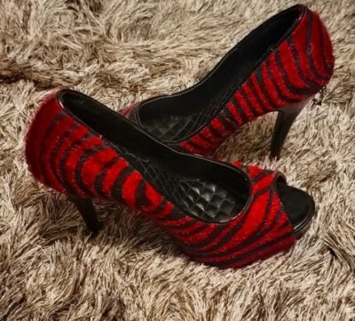 Size 7 Penthouse Platform -  RED PEEP TOE PUMP HEEL Zebra Faux Fur - Halloween - Image 1 of 4