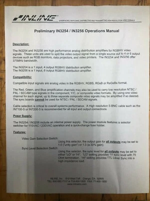 NEW!!! INLINE IN3254 IN3256 HIGH PERFORMANCE Analog Distribution Amplifier NIB - Image 1 of 4