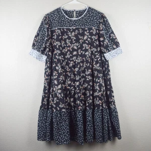 Ann Taylor Womens L Navy Blue Mixed Floral Print Peplum Swing Dress Short Sleeve - Picture 1 of 6
