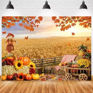 Autumn Harvest Backdrop Thanksgiving Hay Maple Leaves Background Baby Shower Bir - Picture 1 of 12