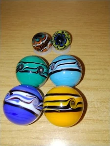 Lot of 4 Riptide 22mm + 2 Rinky Dink 16mm Handmade Art Glass Set of 6 Marbles - Picture 1 of 22