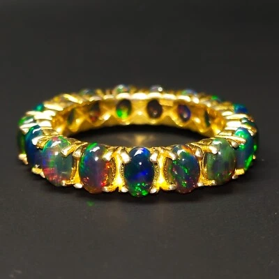 Alianza de boda de oro 14k con cabujón de ópalo negro oro macizo ópalo negro Foto 1 de 4