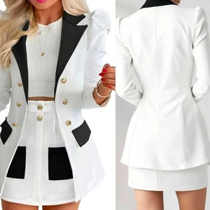 Women White Suit Jacket Double Breasted Peak Lapel Skirt Business Wedding - Picture 1 of 9