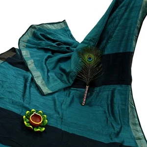 Vintage Heavy Sari Green & Black Pure Khadi Silk Handloom Saree Craft Fabric 5yd - Picture 1 of 22