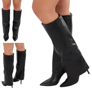 Women Knee Length Fold Over Boots with Heels Knee High Fold Over Boots - Picture 1 of 5