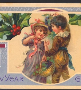 CHILDREN GATHER GRAPES,NEW YEAR GREETING,CHRISTMAS HOLLY,VINTAGE POSTCARD - Picture 1 of 3