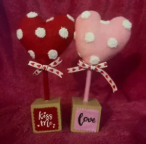 Kiss Me and Love 8.5” Tall Valentines Day Wood and Plush Heart Trees Set NEW! - Picture 1 of 9