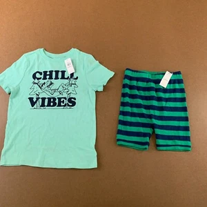 Old Navy Boy Size 6T Green Chill Vibes Graphic Tee Striped PJ Shorts 2 Piece NWT - Picture 1 of 7