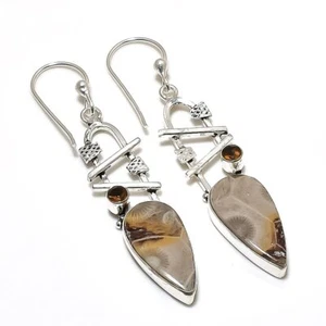 Fossil Coral, Topaz Gemstone 925 Sterling Silver Jewelry Earring 2.56" y075 - Picture 1 of 2