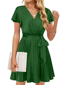 TECREW Women's Satin Tie Waist Mini Dress Dark Green Size Medium, Short Sleeve - Picture 1 of 7