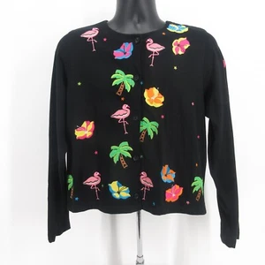 Michael Simon Womens Button Sweater Size Large Knit Flamingo Palm Tree Hibiscus - Picture 1 of 7
