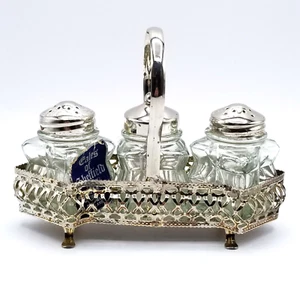 Crystal Salt Pepper Condiment Set Vintage Gales of Sheffield England SilverPlate - Picture 1 of 9