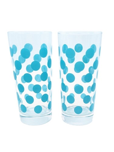 Two (2) Clear Drinking Glasses with Turquoise Polka Dots 6.25” Tall Blue Aqua