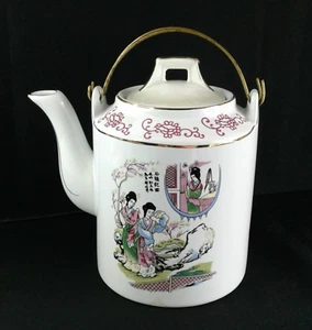 Japanese Geisha Girls Tea Pot Vintage S.P. Ceramic Thailand Metal HandleA14-1285 - Picture 1 of 6