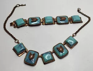1940s Faux Turquoise Copper Necklace Bracelet Matching Set Southwestern Design - Picture 1 of 24