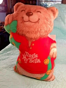 SHIRT TALES 16" Vintage 1980's Christmas Bear Plush Pillow "Jingle My Bells" - Picture 1 of 12