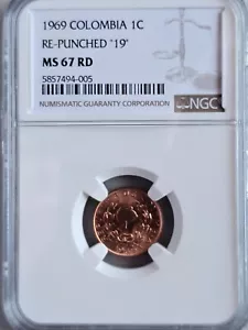 Colombia 1 Centavo 1969 Re-punched "19" NGC MS 67 RD - Picture 1 of 2