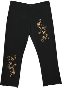 Womens Black Embroidered Trousers Fitted Waist Ankle Split Ladies Smart Casual - Picture 1 of 2