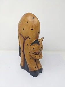 Indonesian/Balinese Handcrafted Large Wooden Yellow Polka Dot Cat Arching Statue - Picture 1 of 4