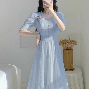 Women Lace Tea Dress Midi Floral Embroidery Ruffle Short Puff Sleeve Retro - Picture 1 of 14