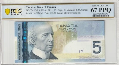 Canada 2011 5 Dollars Certified PCGS Banknote UNC 67 PPQ Pick BC-67c - Image 1 of 2