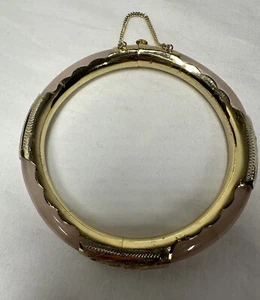 Chinese Rose Quartz Gold Plated Hinged Bangle Bracelet w Safety Closure - Picture 1 of 8