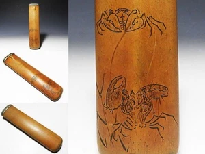 Cangrejo pantano antiguo japonés grabado en madera antigua Pipecase Netsuke inro sagemono meiji - Imagen 1 de 9