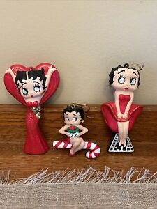 Vintage 1999 Betty Boop Heart Red Dress & Candy Cane  Christmas Ornaments Lot/3