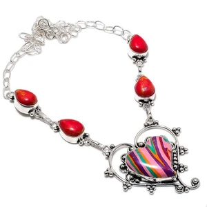 Rainbow Calsilica, Coral Gemstone 925 Sterling Silver Necklace 18" o751 - Picture 1 of 5