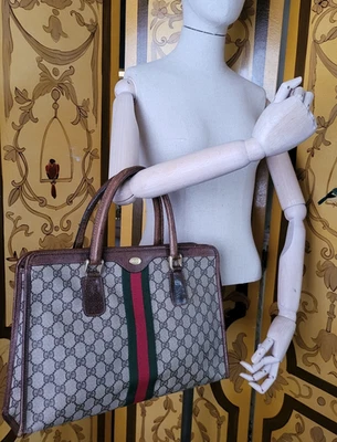 GUCCI Vintage Brown Leather & Monogram Compact Briefcase Ophidia Web - Image 1 of 4