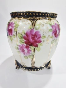 Antique Nippon Japan Handpainted Floral Footed Vase Pink Roses Gold Guilding 6" - Picture 1 of 11