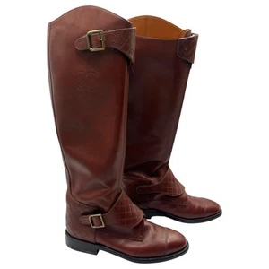Chanel Interlocking CC Logo Knee High Equestrian Leather Riding Boots Brown 8.5 - Picture 1 of 15