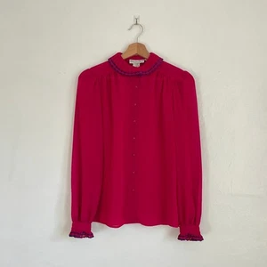 Vintage – Schrader Sport Sheer Pink Ruffle Neck Blouse Size 4 - Picture 1 of 6