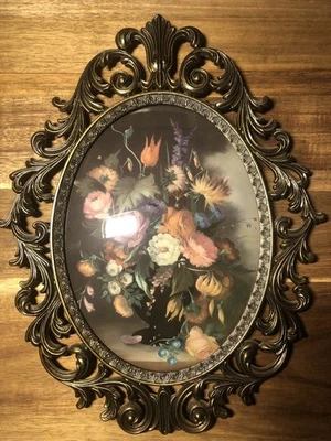 Placa de pared floral de vidrio burbuja convexa vintage ornamentada marco ovalado dorado regencia Foto 1 de 4