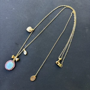Juicy Couture Blue Opal Bow Pendant Necklace Gold Tone Pink Crystals Adjustable - Picture 1 of 6