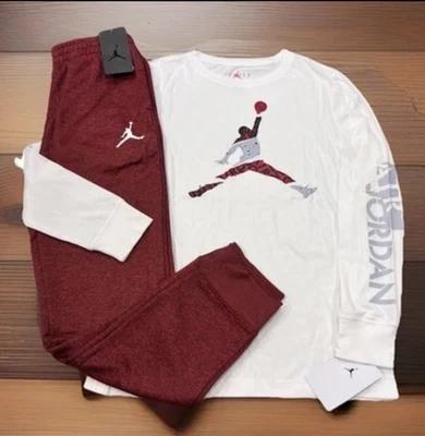 NWT NIKE AIR JORDAN BOY’S 2 pc SET WHITE LONG SLEEVE BURGUNDY ACTIVE JOGGERS L - Image 1 of 3