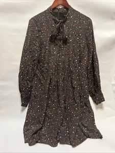 Madewell Dress Size 14 Balsam Tie Neck Starry Night Black Silk Colorful Stars - Picture 1 of 18