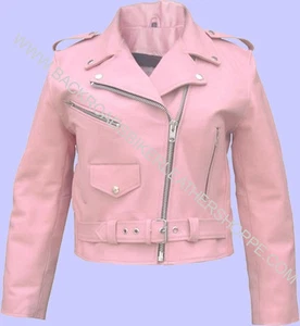 Ladies Women's Pink Soft Leather Biker Motorcycle Jacket - Picture 1 of 2
