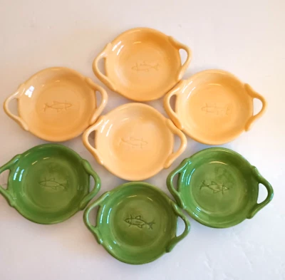 Pottery Barn Gold Paella Ceramic Small Dishes Dbl Handles FIsh Center 7 Tapas - Image 1 of 4