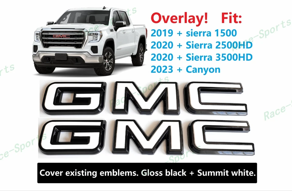 Superposición Delantera Trasera Negro Blanco GMC Emblema 2019+ Sierra 1500 2500HD 3500HD Canyon Foto 1 de 4