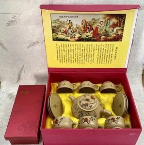 Juego de tetera china vintage de arcilla de terracota Yixing Zisha firmada pintada a mano - Imagen 1 de 24