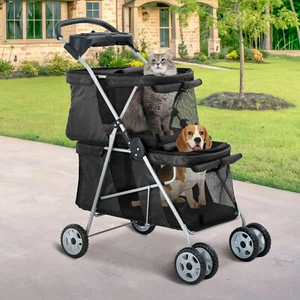 Double 4 Wheels Pet Stroller Cat Dog Cage Stroller Walk Travel Folding Carrier - Picture 1 of 9