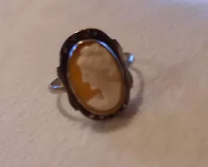 Vintage Carved Left Facing Cameo Ring Carved Shell Marked 800 Silver Circa 1930s - Picture 1 of 6