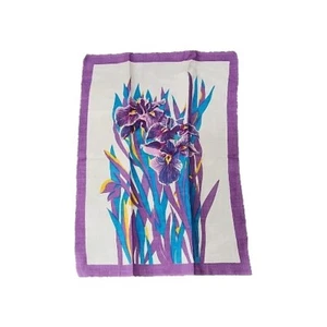 Vintage Floral Kitchen Dish Tea Towel Cream Purple Blue Linen Iris NOS  - Picture 1 of 4