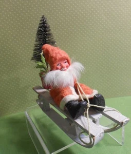 German Santa on Wood Sled - Rabbit Fur Beard, Mache, Germany - Picture 1 of 3