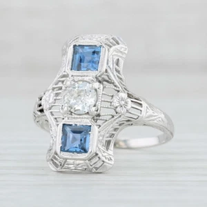 Art Déco 1.07ctw Sintetico Zaffiro Blu Anello Diamante 18k Oro Bianco Misura 8.5 - Foto 1 di 7