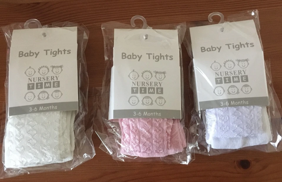 NURSERY TIME baby girl tights 3 Pairs White/ pink / cream 3-6 months