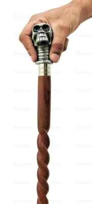 Vintage Solid Brass Skull Head Walking Stick | Handmade Wooden Cane for Men Gift - Image 1 of 4