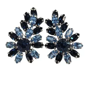 Vintage Kramer Of New York Sapphire Blue Silver Rhinestone Clip Earrings Signed - Picture 1 of 13